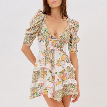 Women Custom Floral dress Deep V neck Ruffle Sleeve Mini Short Dress Summer Lady Flower Printed Lace Pleated Short Sleeve Dress