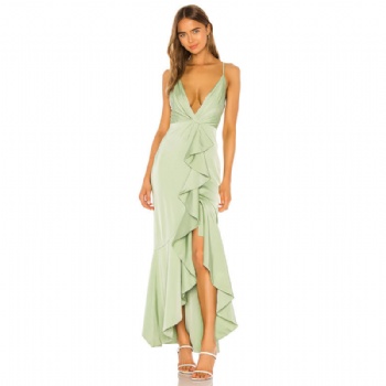 OEM new design satin sexy v neck light green ruffle split Asymmetric maxi evening dress gown for women