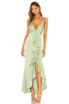 OEM new design satin sexy v neck light green ruffle split Asymmetric maxi evening dress gown for women