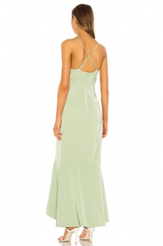 OEM new design satin sexy v neck light green ruffle split Asymmetric maxi evening dress gown for women