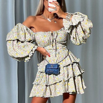 Lace Up Casual Printed Layered Tube Dress Ladies Off Shoulder Puff Long Sleeve Ruffle Floral Short Dresses Women