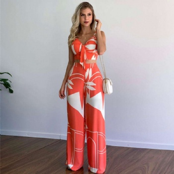 Holiday style Women Casual Suit Summer V-neck Crop Top High Waist Printed Flare Pants Two Piece Set