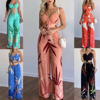 Holiday style Women Casual Suit Summer V-neck Crop Top High Waist Printed Flare Pants Two Piece Set