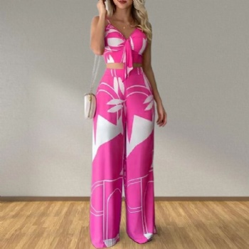 Holiday style Women Casual Suit Summer V-neck Crop Top High Waist Printed Flare Pants Two Piece Set